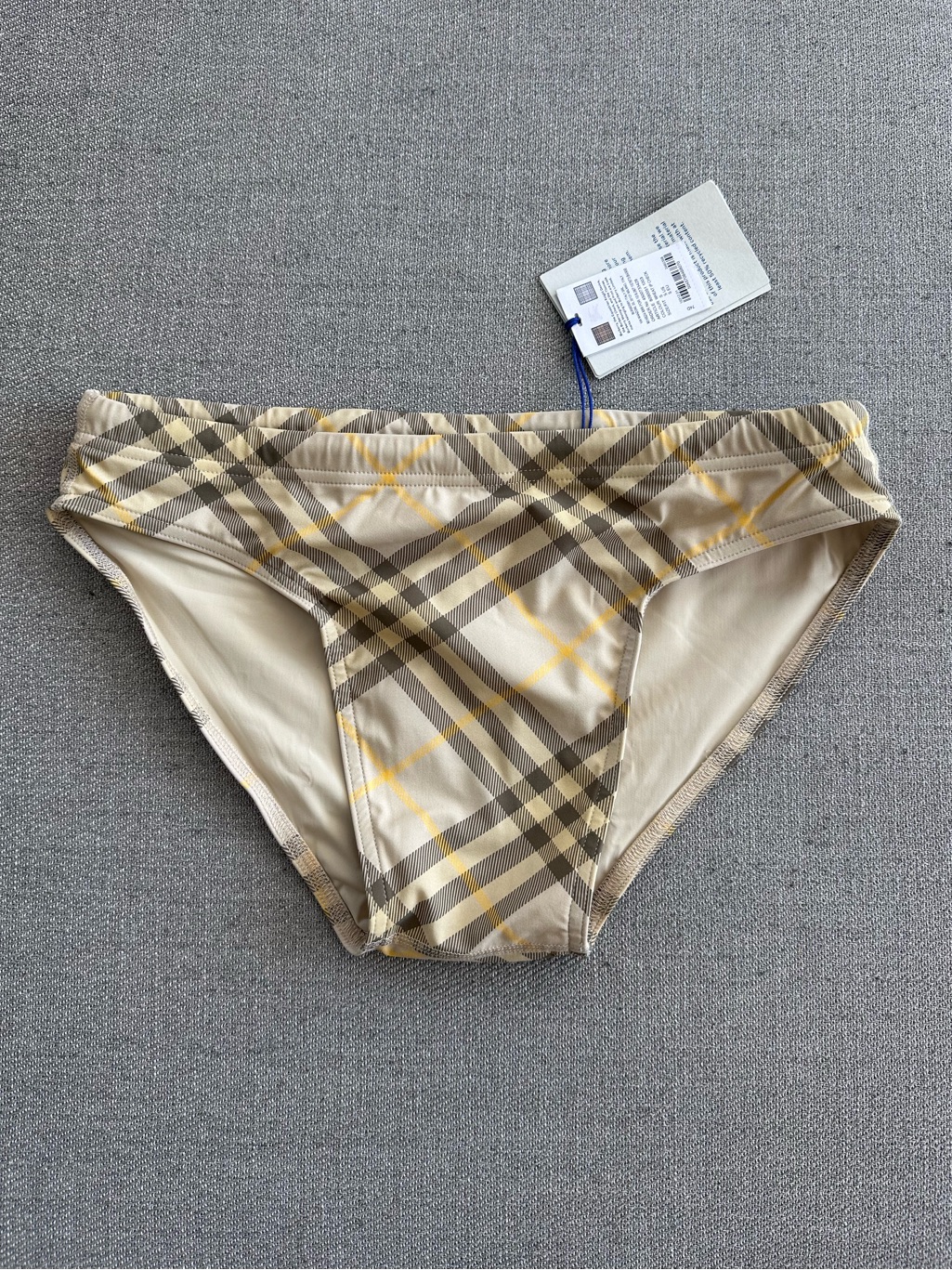 Burberry Men’s Wheat Check Swim Briefs With Yellow Accents Size Small
